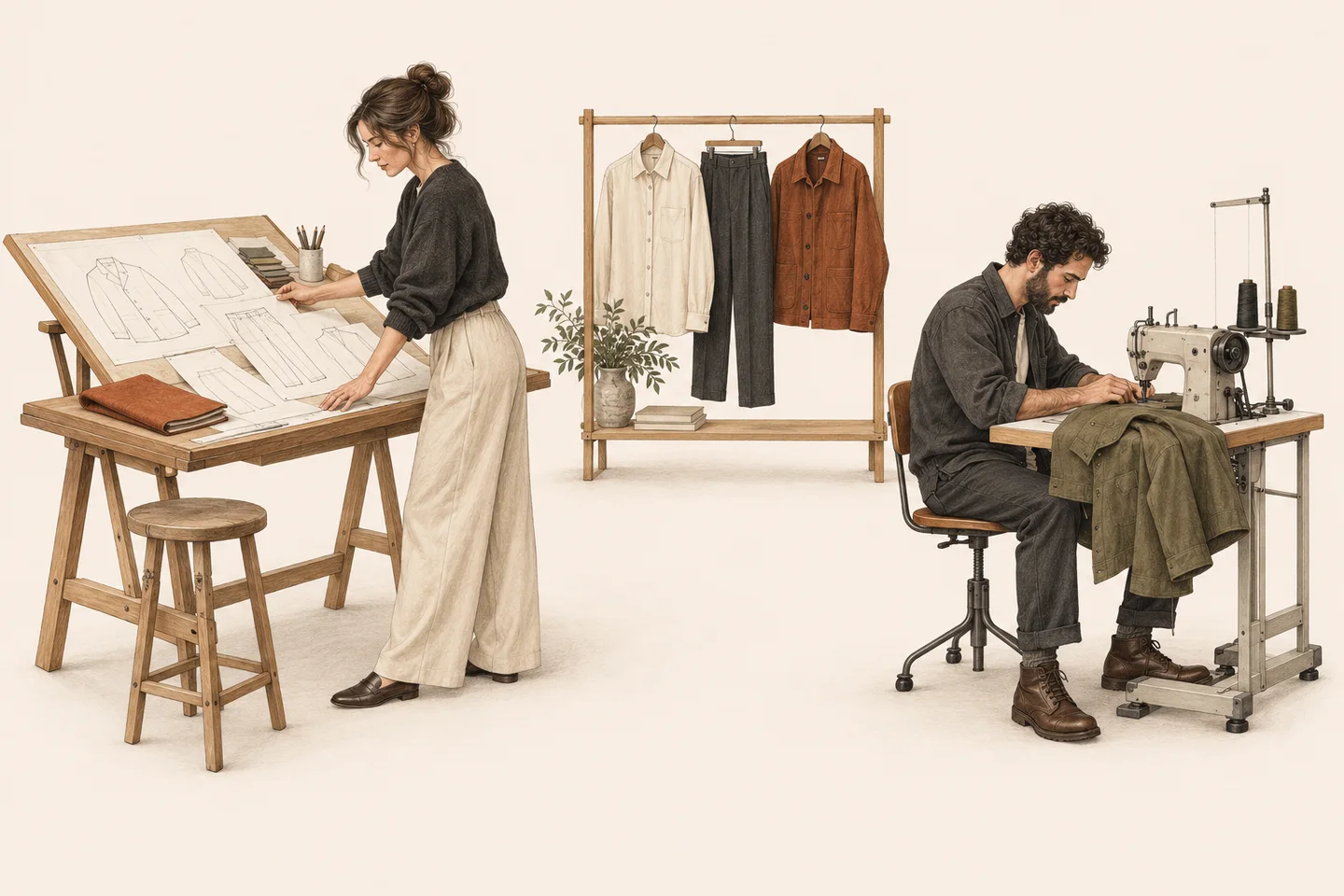 Illustration of a designer developing adult garment patterns beside a samplemaker and a rack of shirts, trousers and jackets