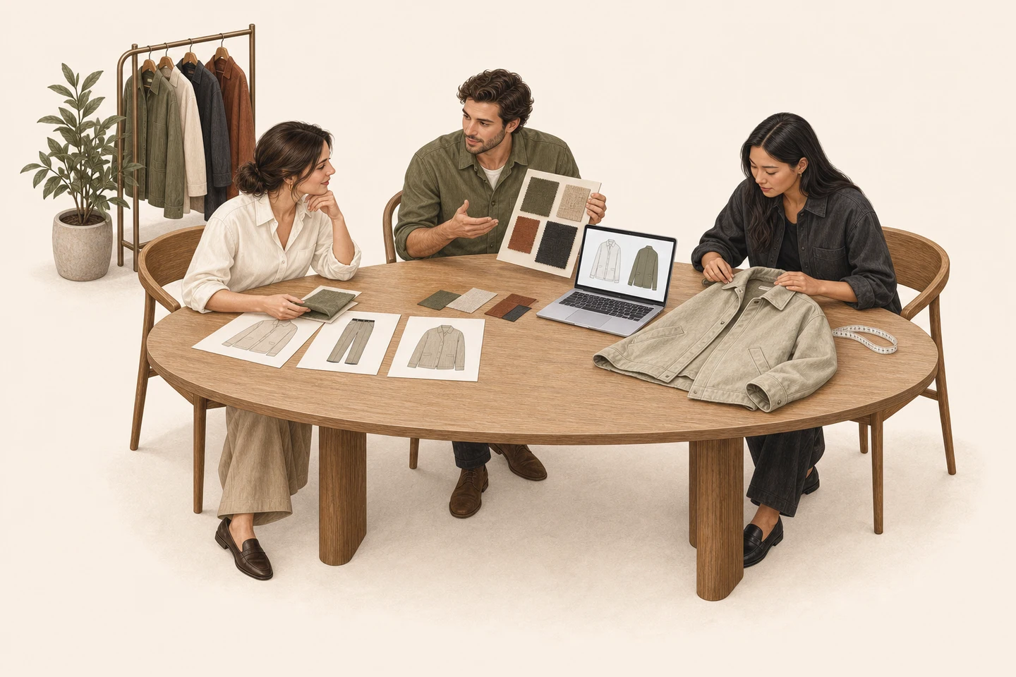 Illustration of a founder, Studio creative director and production expert reviewing garment designs, materials and a jacket sample around one shared worktable