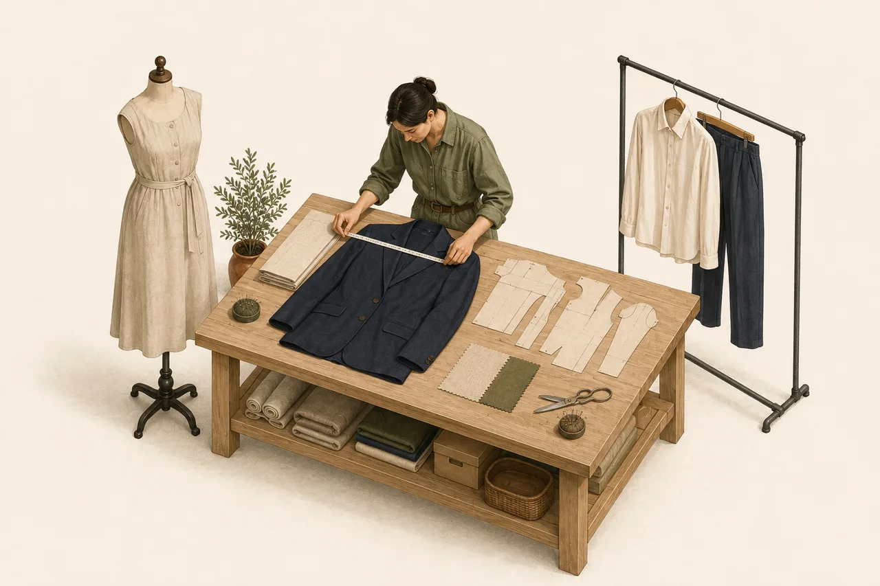Illustration of a designer checking an adult jacket sample beside a dress form, garment patterns and material swatches
