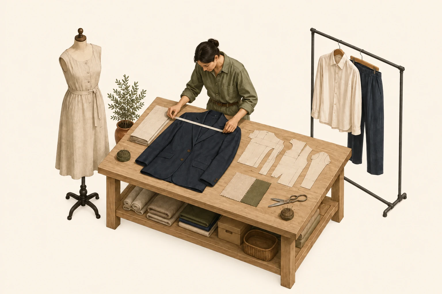 Studio illustration of a designer reviewing a jacket sample alongside patterns and fabric