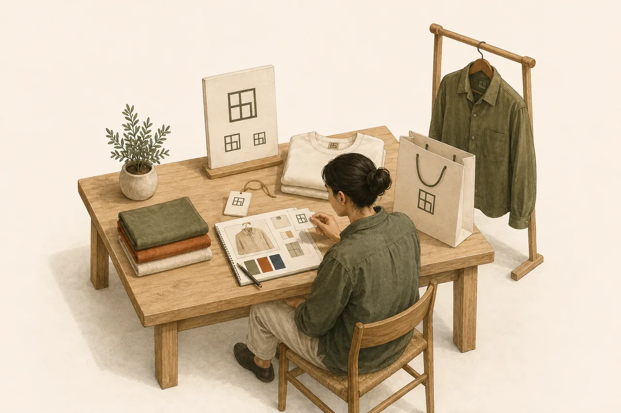 Illustration of a designer applying one consistent geometric brand mark to garment labels, stationery and packaging