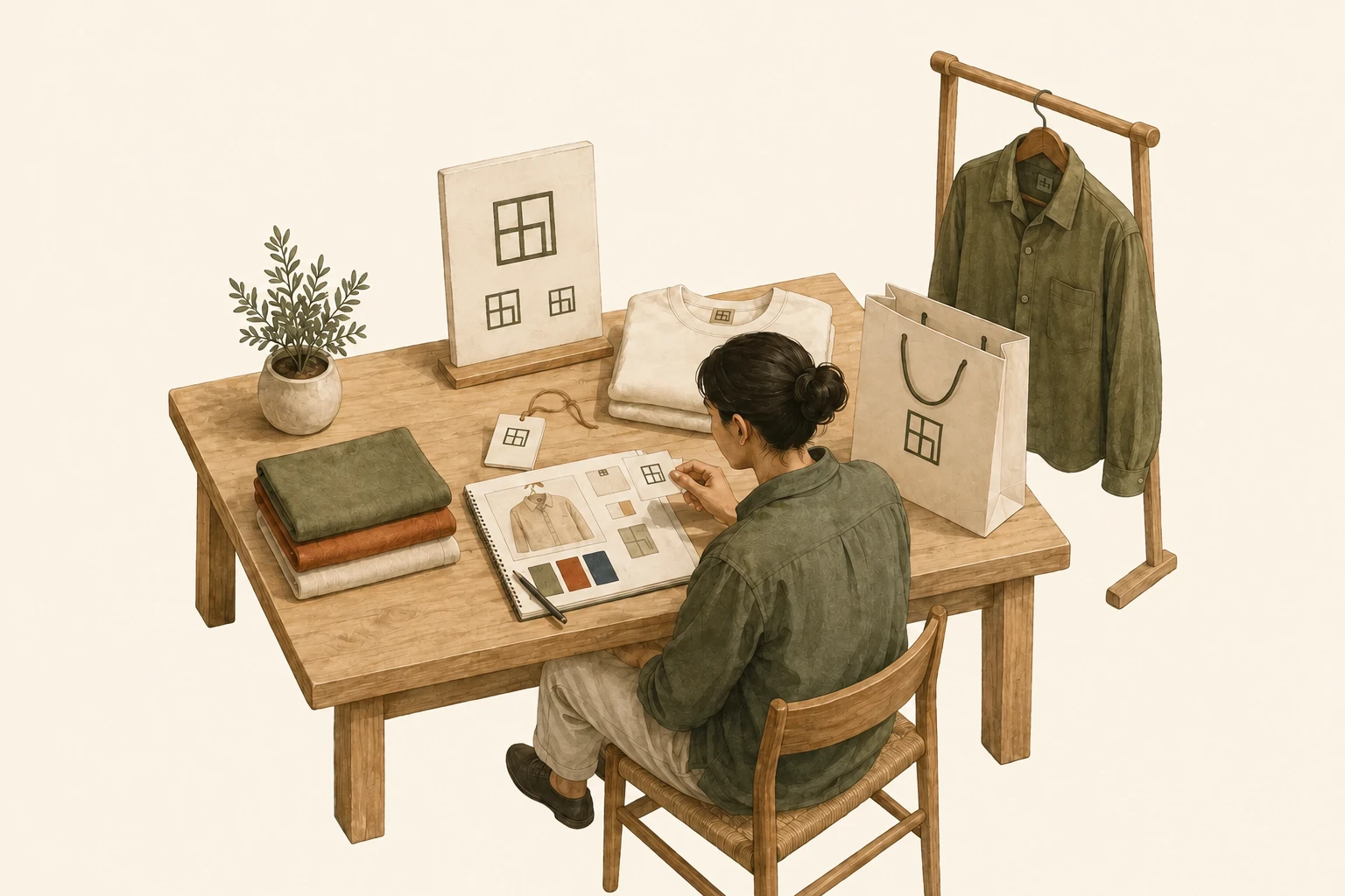 Studio illustration of a designer applying a consistent brand mark to labels and packaging