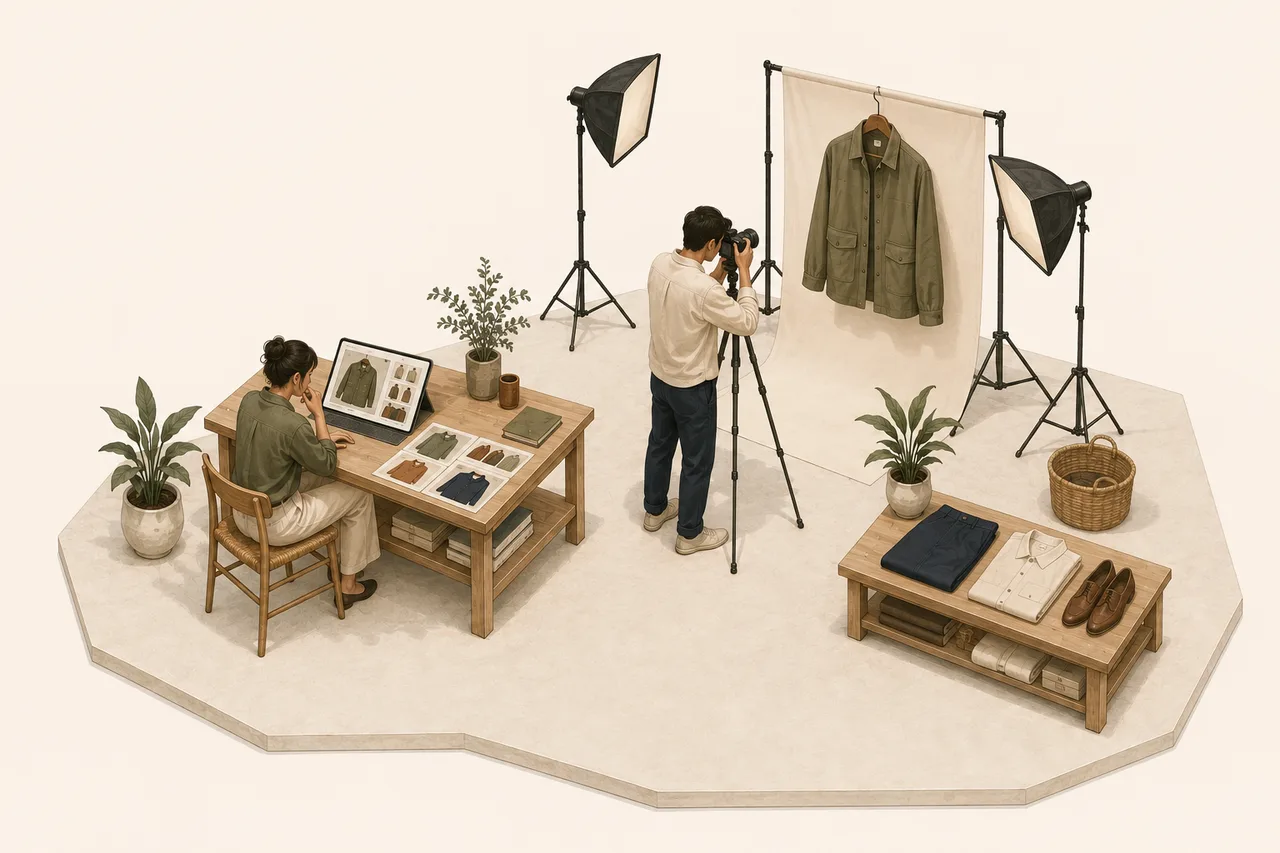 Illustration of an adult clothing campaign shoot, with a photographer and marketer preparing launch content
