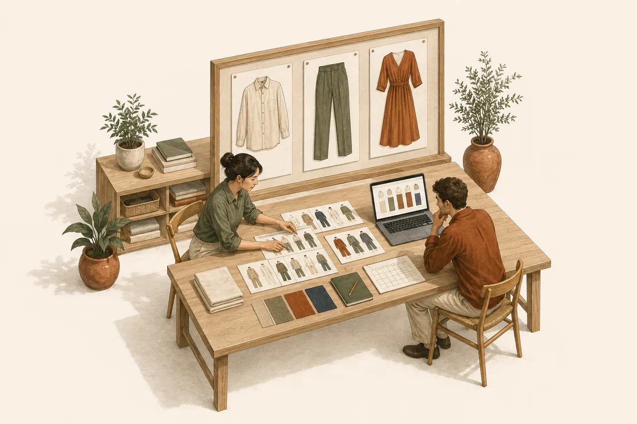 Illustration of a founder and designer planning an adult clothing collection, with customer research, garment sketches and fabric choices