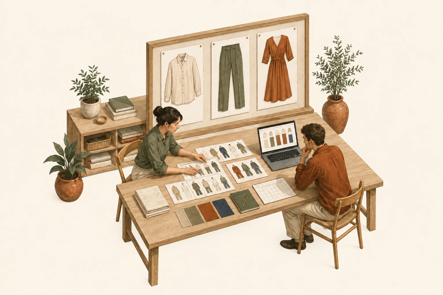 Studio illustration of a founder and designer planning a clothing collection