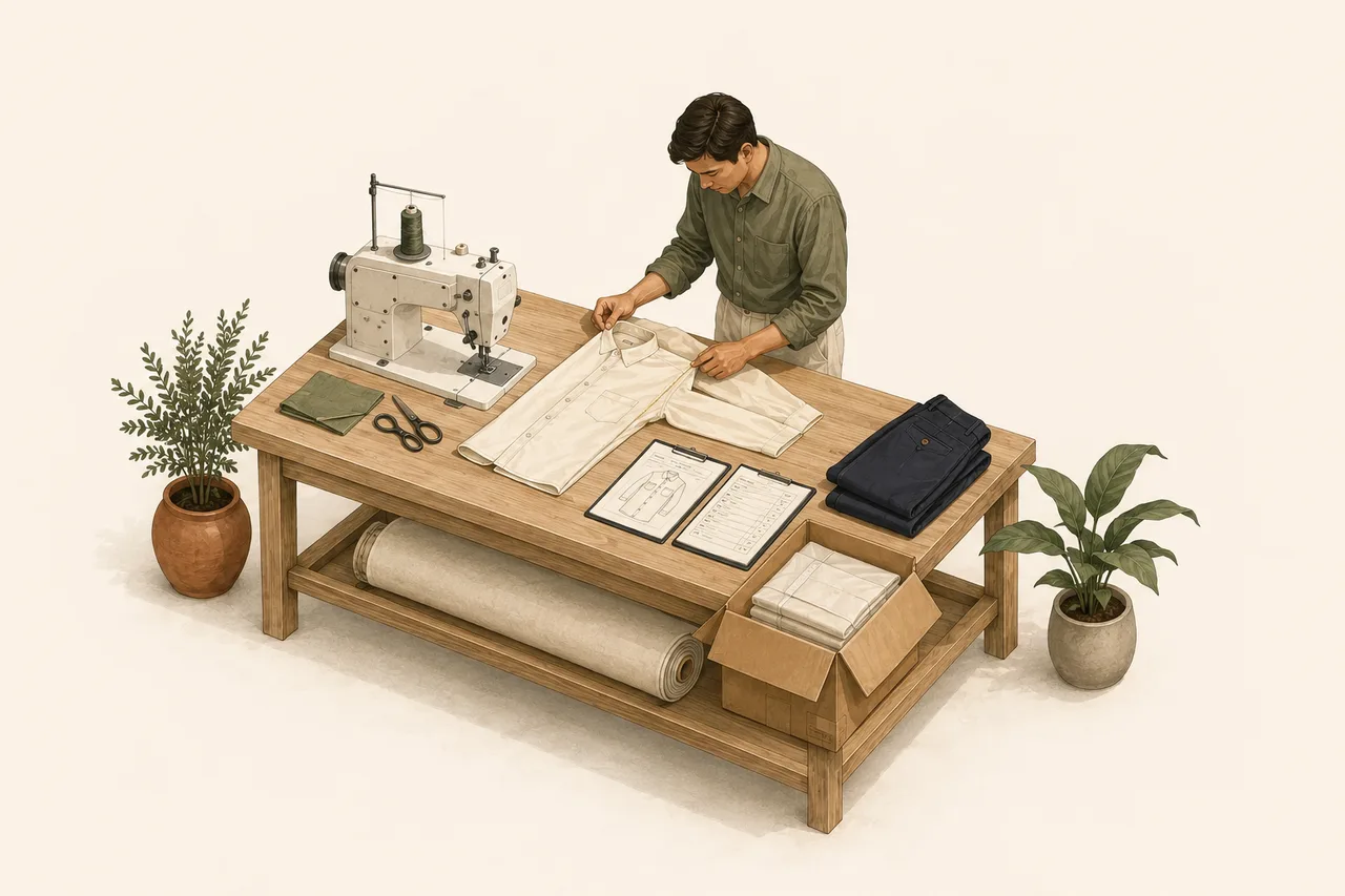 Illustration of a technician checking an adult shirt at a production bench, with a sewing machine, inspection documents and delivery carton