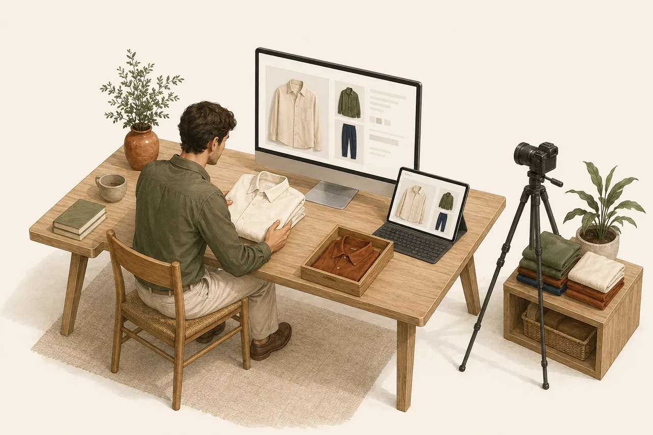 Illustration of an adult clothing store on desktop and tablet, with a physical garment and camera for product content
