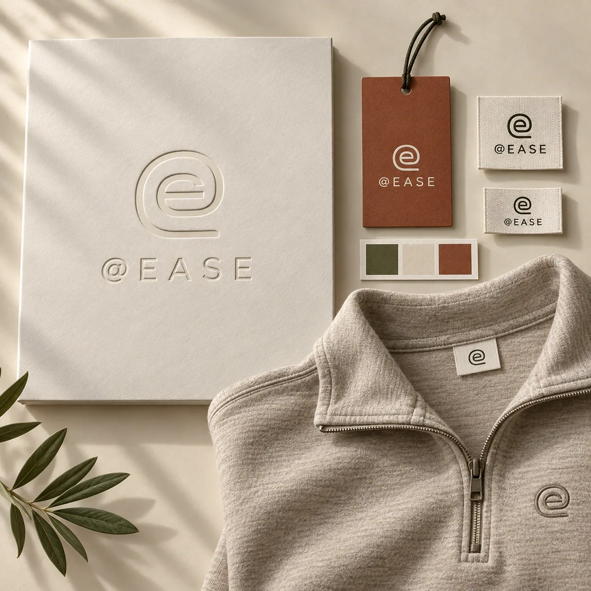 Illustrative @Ease brand guide with a matching embossed cover, garment labels, hangtag and embroidered sweatshirt