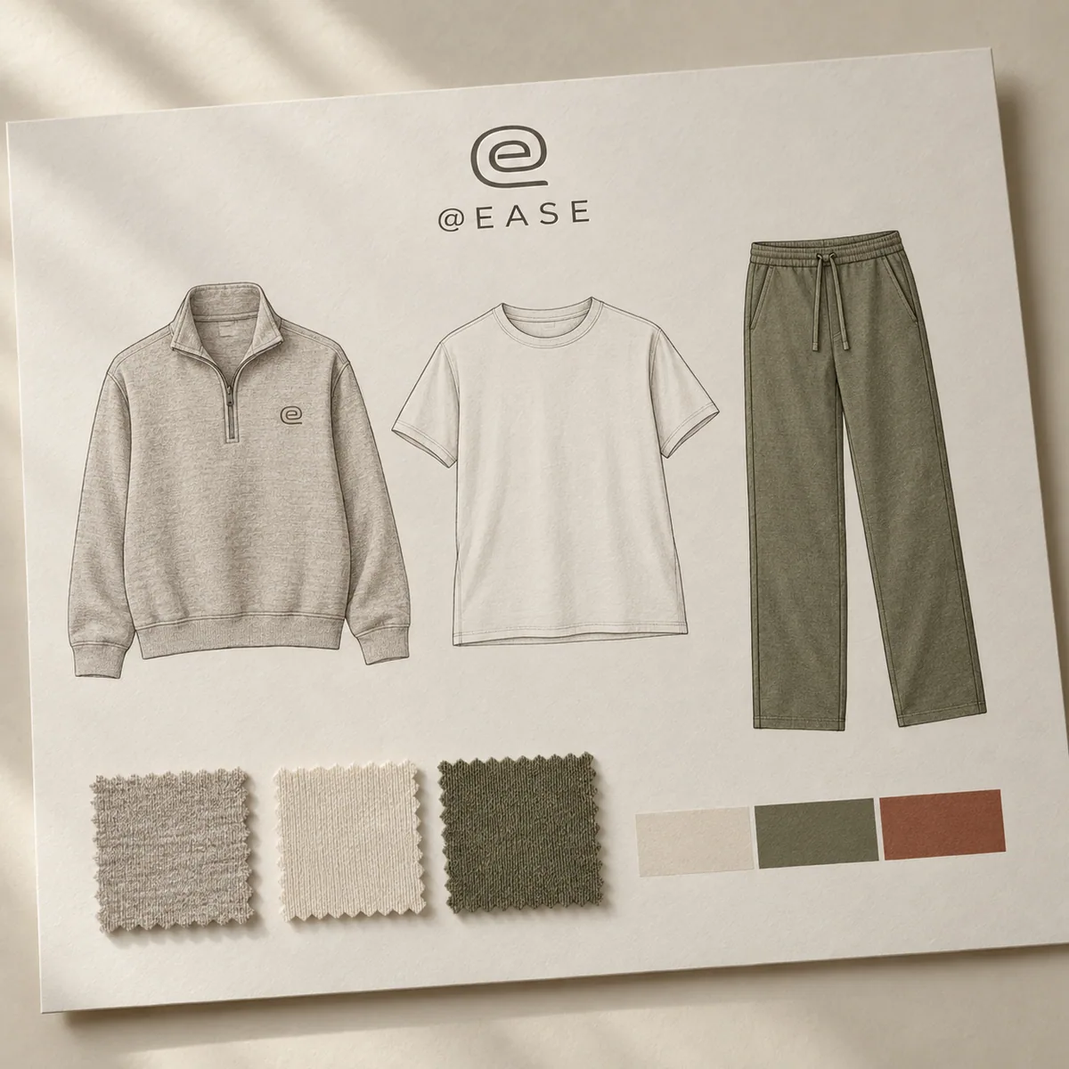Illustrative @Ease collection plan with a quarter-zip, T-shirt and trousers, matching fabric swatches and colours