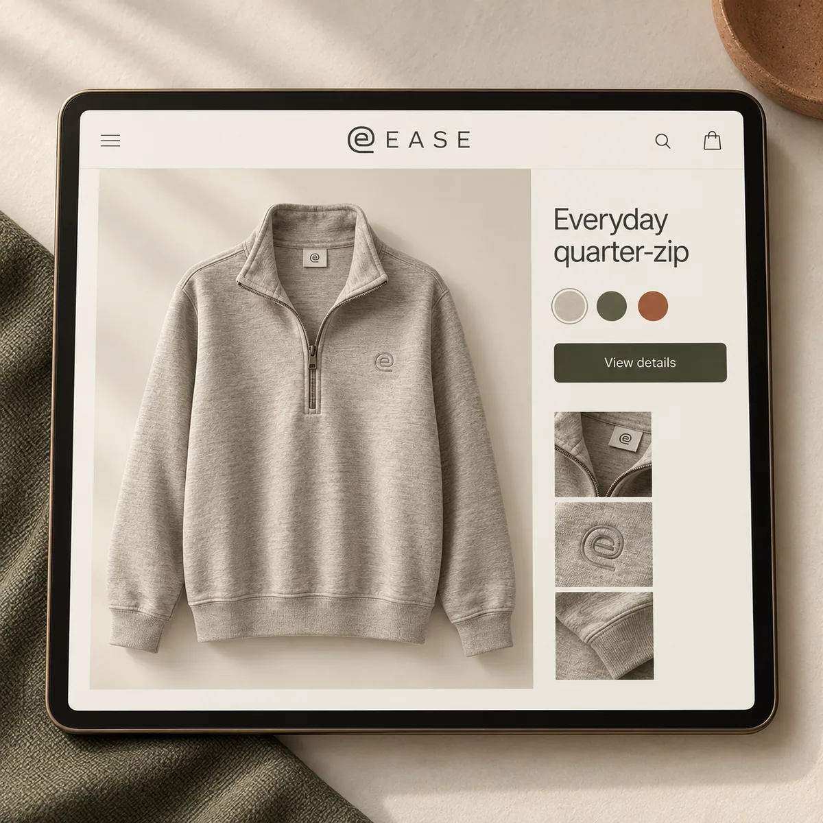Illustrative @Ease product page on a tablet, showing the oatmeal quarter-zip, colour choices and garment details