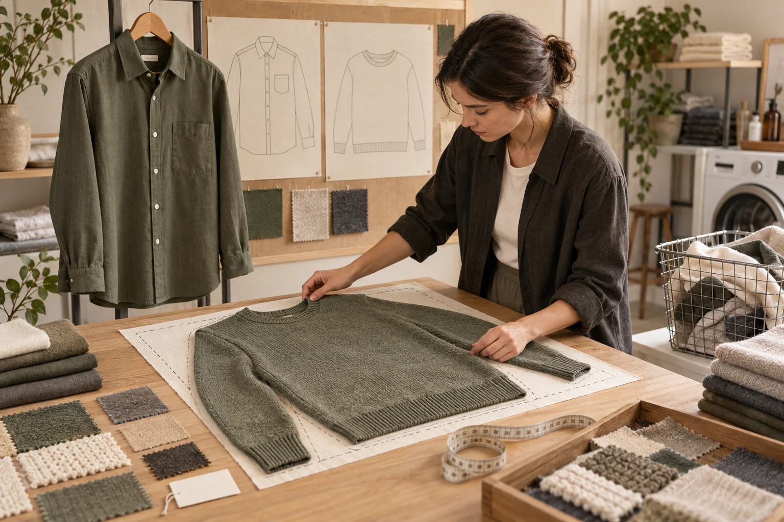 Illustration of a textile specialist measuring an adult knit garment after a controlled wash test, with a woven shirt and fabric references nearby.