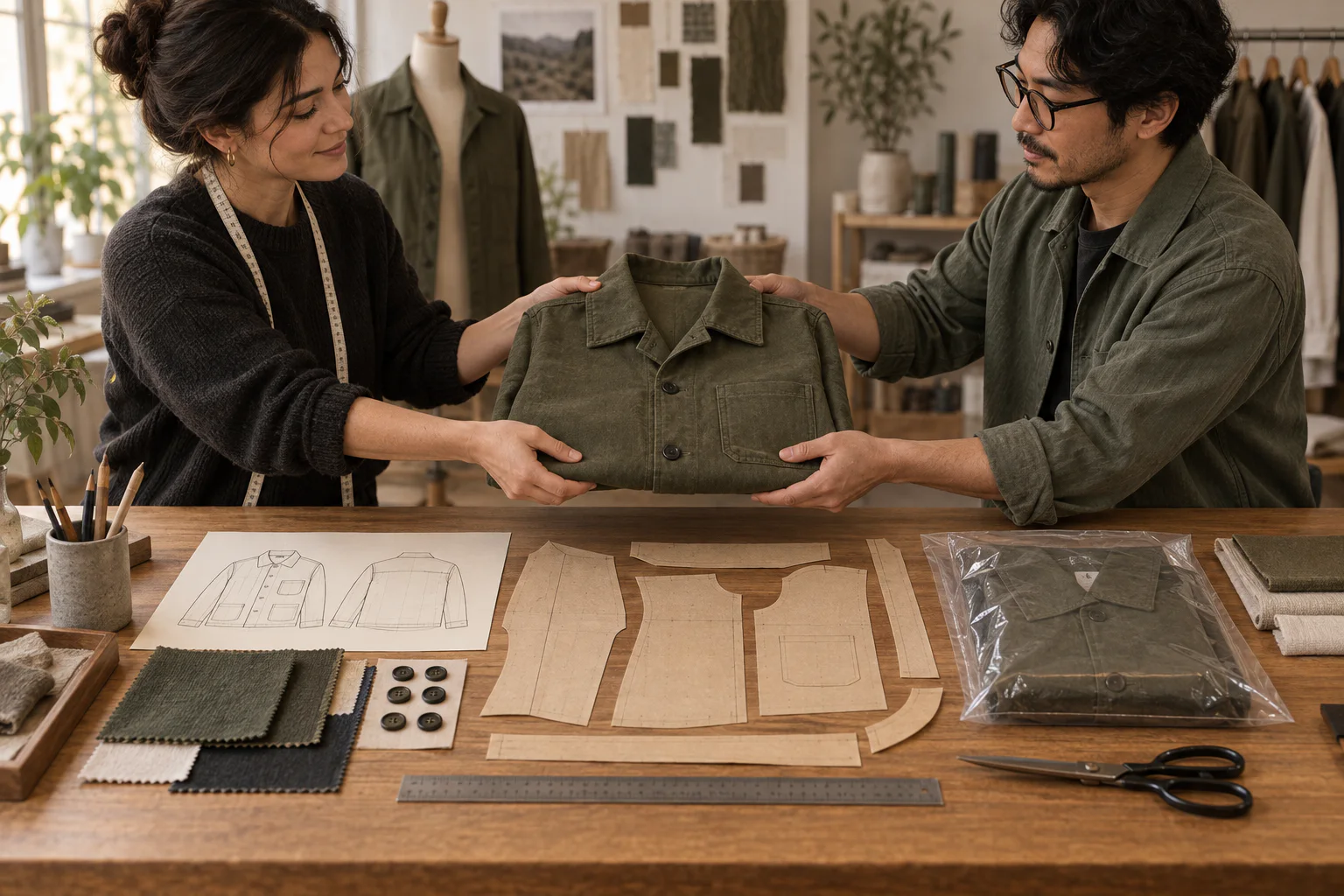 Illustration of two production specialists handing over an adult jacket with its patterns, material references and approved sample.