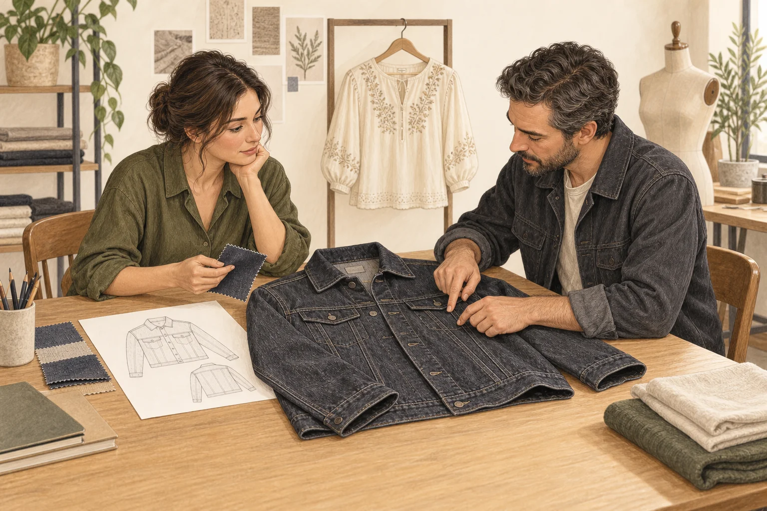 Illustration of a clothing production discussion with an adult garment sample, material references and review documents on the table.
