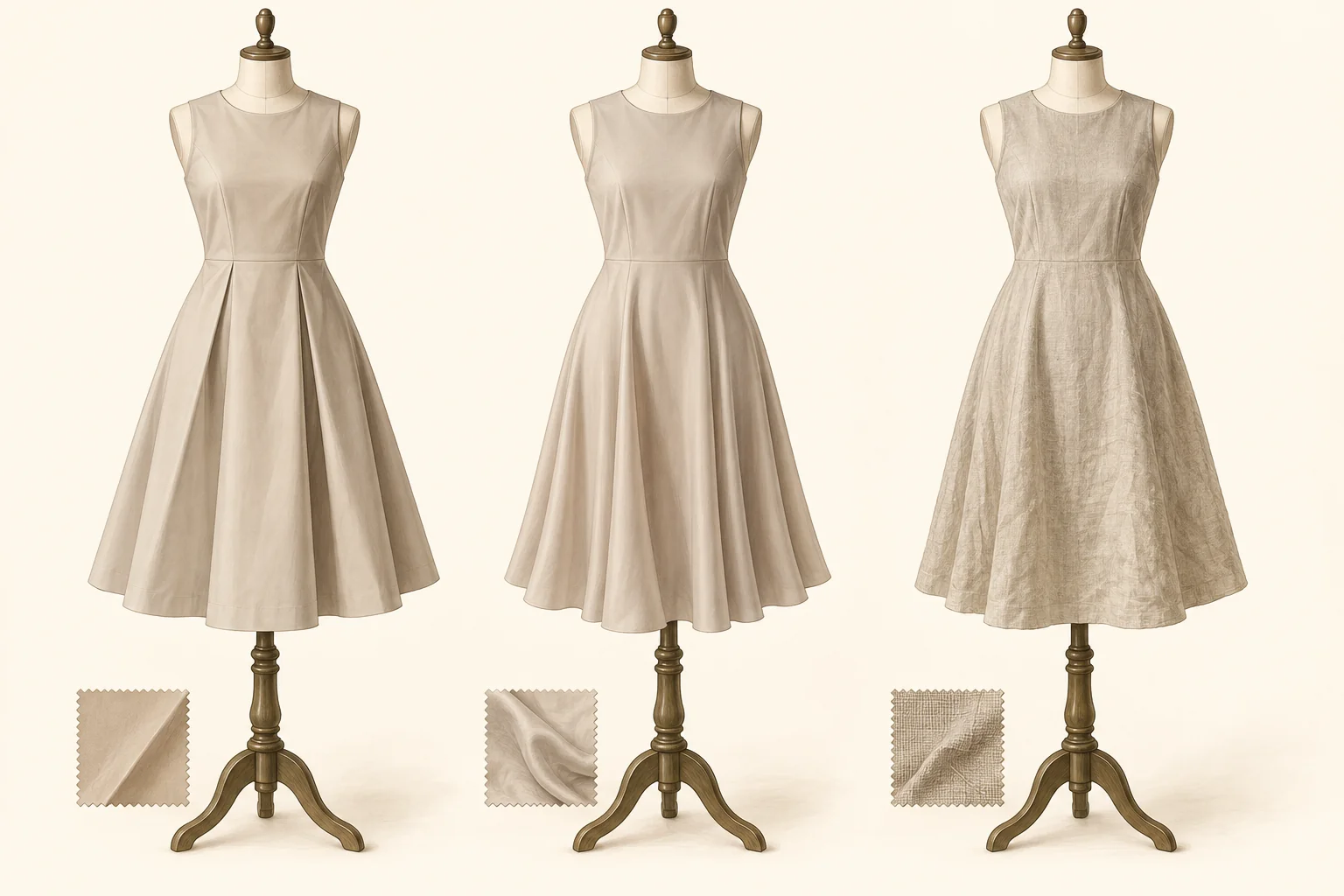 Illustration comparing the same adult garment silhouette in fabrics with different drape, structure and surface texture.