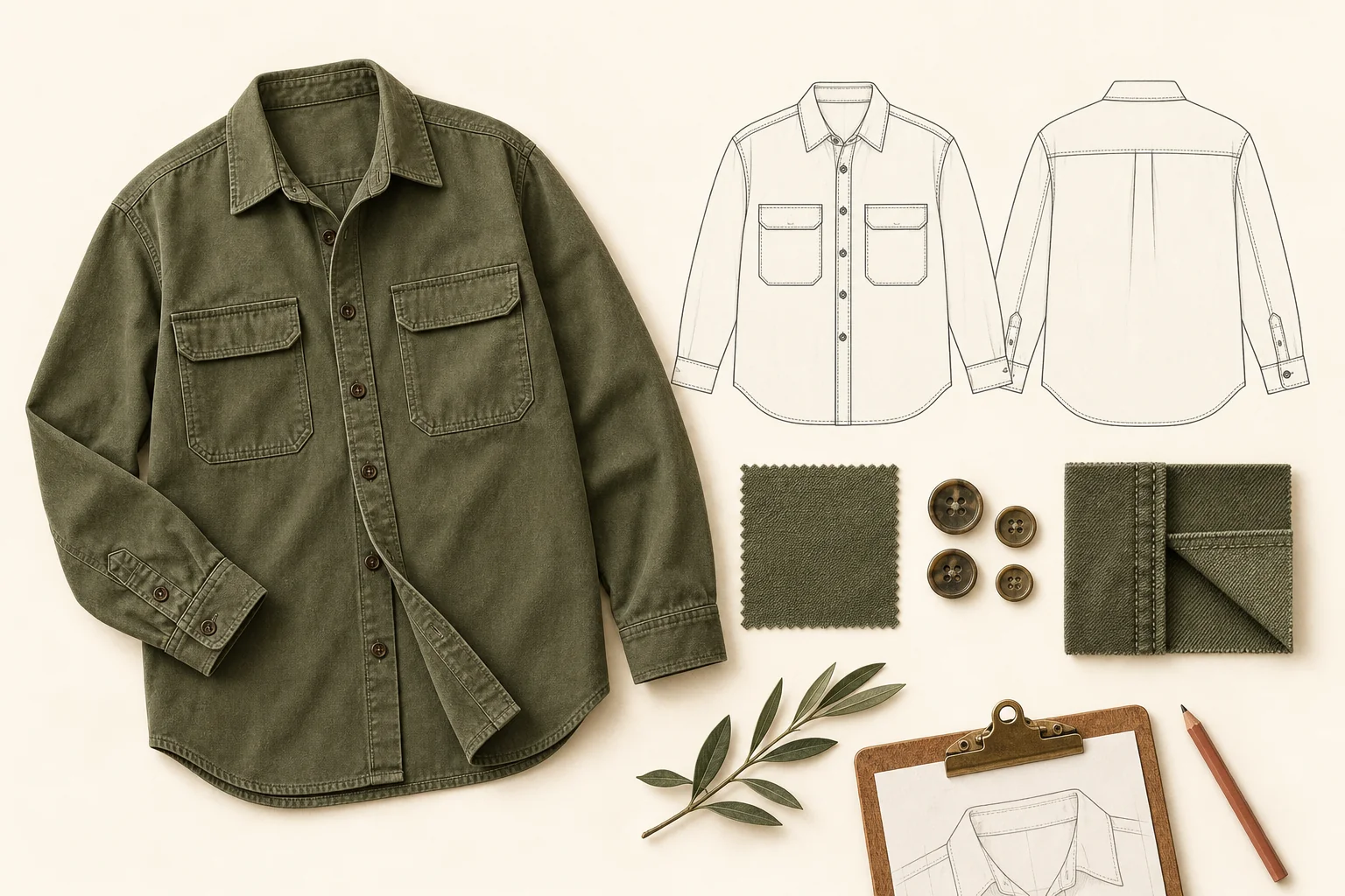 Illustration of an adult overshirt beside garment drawings, fabric references and construction details.