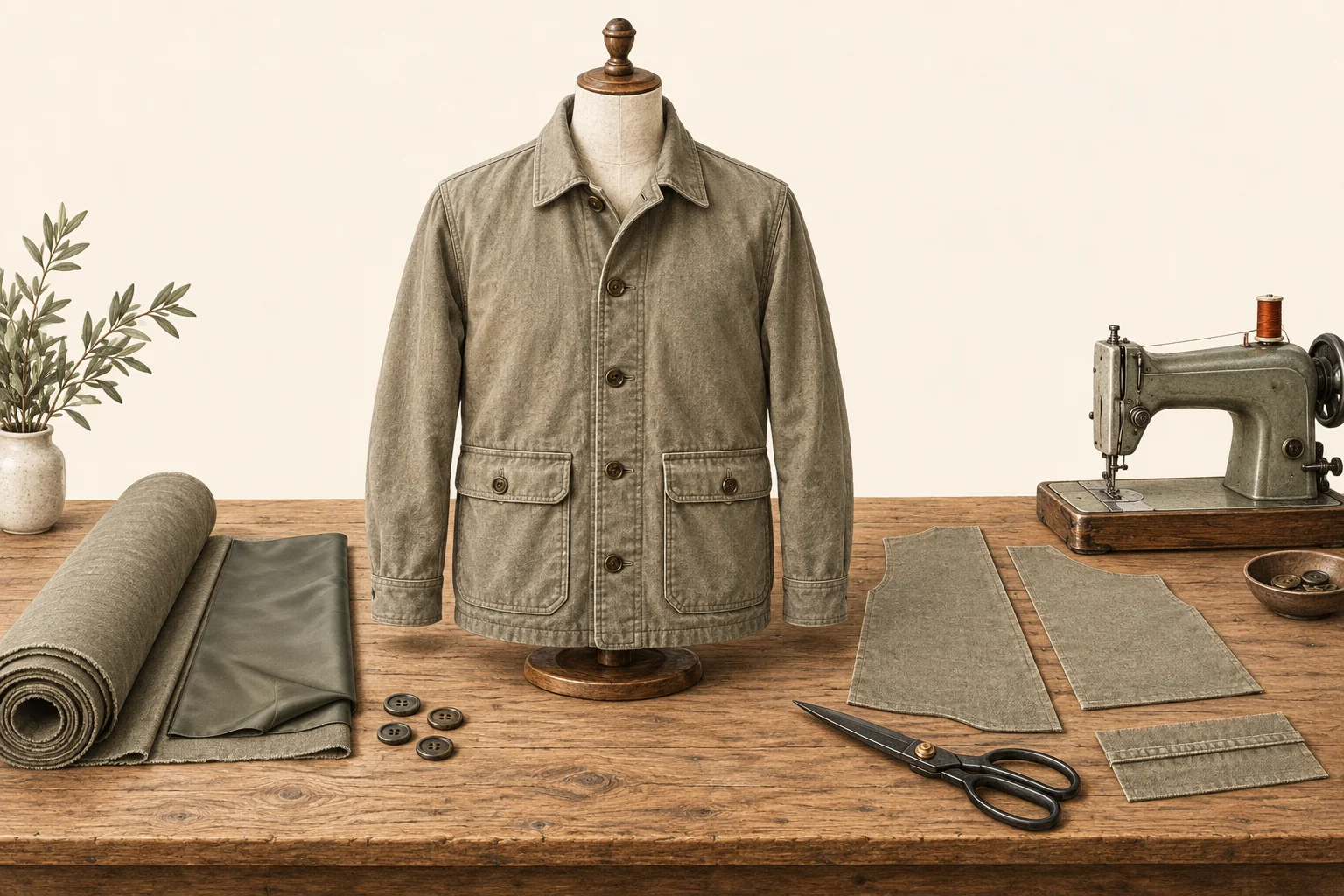 Illustration of an adult jacket alongside fabric, components and the cutting and sewing work needed to make it.