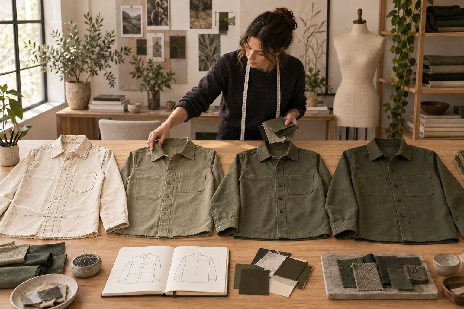 Illustration of four progressively resolved samples of the same adult overshirt, from calico prototype to approved garment.