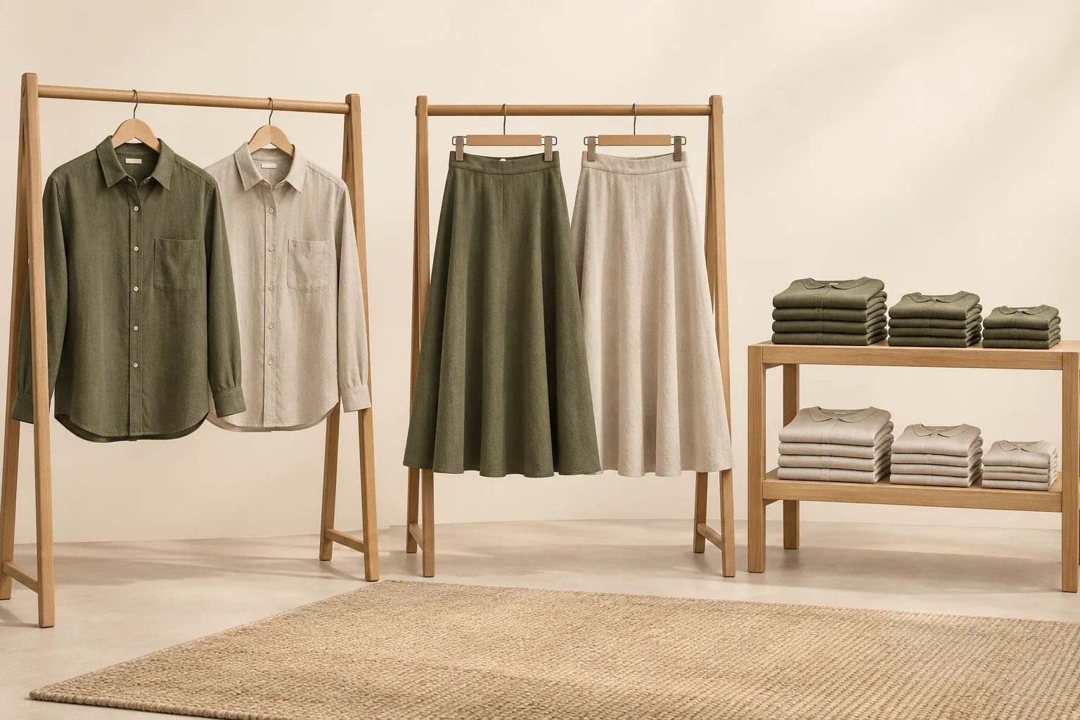 Illustration of adult garments arranged in distinct style, colour and size groups.