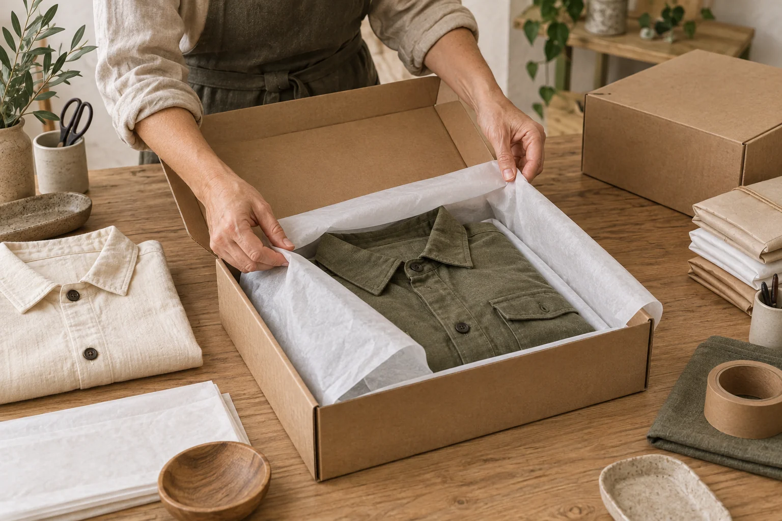 Illustration of a finished adult garment, protective packing, a shipping carton and a prepared dispatch area.