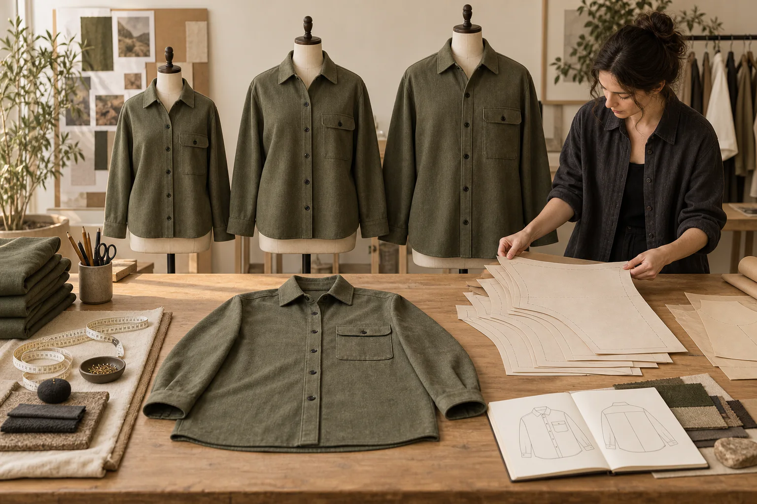 Illustration of the same adult overshirt in three proportional sizes beside nested garment patterns and an approved base-size sample.