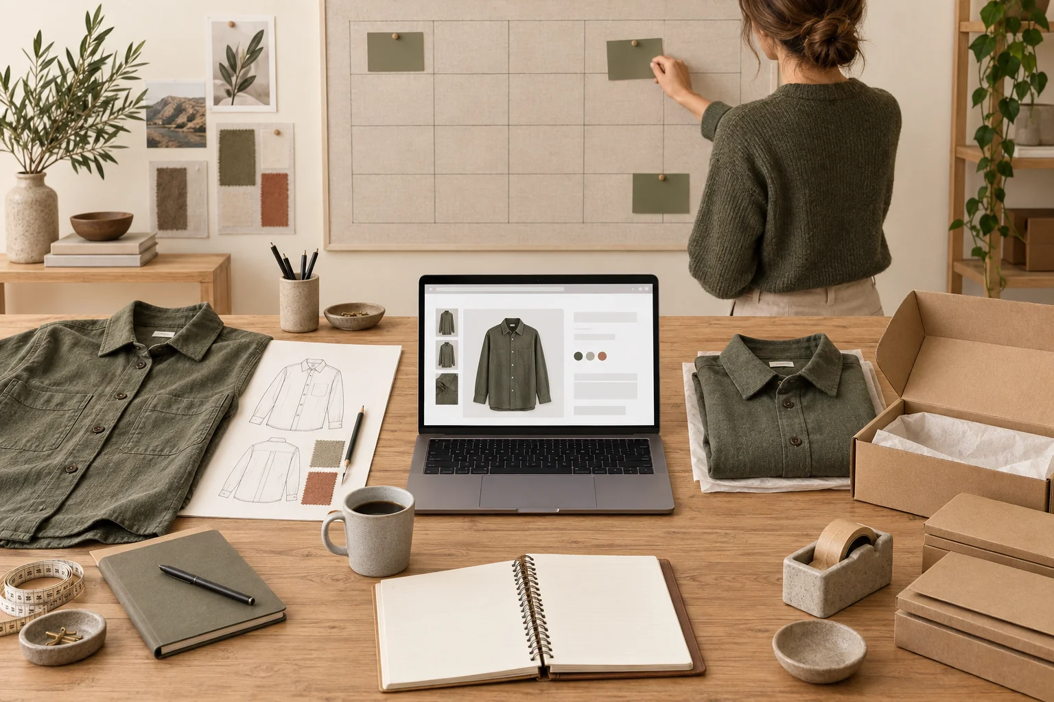 Illustration of a planning table connecting garment development, online store preparation and delivery work.