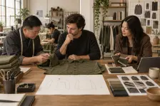 Illustration of a founder reviewing one adult overshirt with a garment maker and a production coordinator at a studio table.