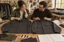 Illustration of two versions of an adult overshirt being compared after fabric has been prepared for production.