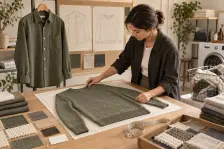 Illustration of a textile specialist measuring an adult knit garment after a controlled wash test, with a woven shirt and fabric references nearby.