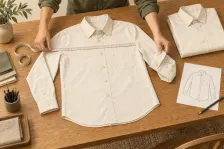 Illustration of an adult shirt being measured and inspected, with attention to seams and finishing.