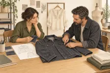 Illustration of a clothing production discussion with an adult garment sample, material references and review documents on the table.