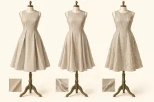Illustration comparing the same adult garment silhouette in fabrics with different drape, structure and surface texture.