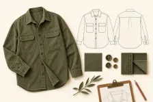 Illustration of an adult overshirt beside garment drawings, fabric references and construction details.