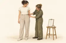 Illustration of a technical designer reviewing an adult garment sample on a wearer during a fitting.