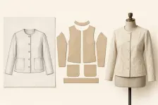 Illustration showing a garment sketch, paper pattern and first calico sample of the same adult garment.