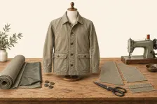 Illustration of an adult jacket alongside fabric, components and the cutting and sewing work needed to make it.