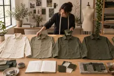 Illustration of four progressively resolved samples of the same adult overshirt, from calico prototype to approved garment.