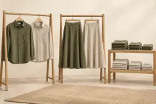 Illustration of adult garments arranged in distinct style, colour and size groups.