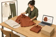Illustration of a clothing founder's workbench with an adult garment sample, packaging and a product-page layout.