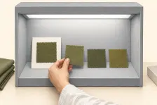 Illustration of a target fabric colour reference beside separate candidate dye samples in a viewing light.
