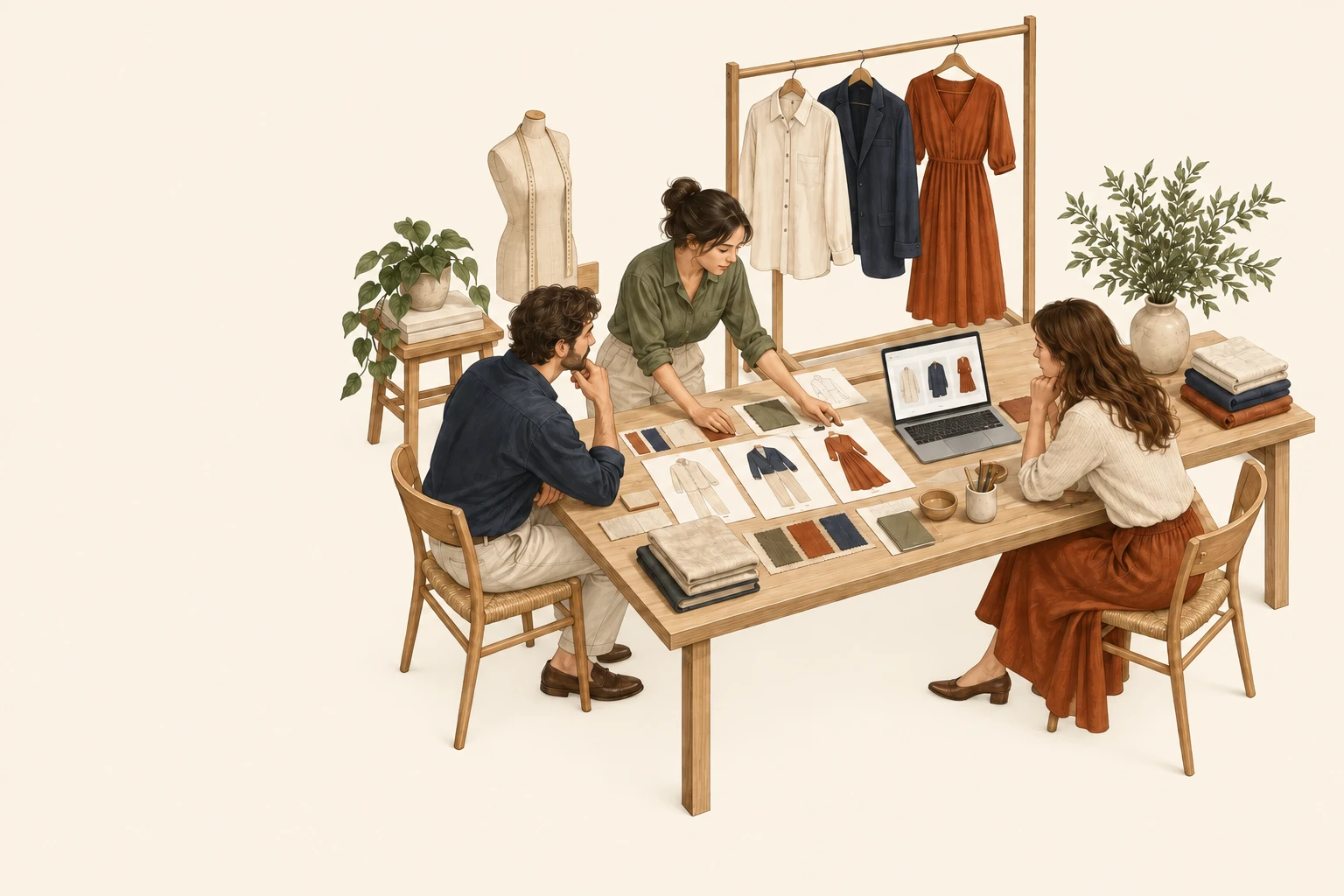 Illustration of a founder and studio team planning adult clothing, samples and an online store around one worktable.