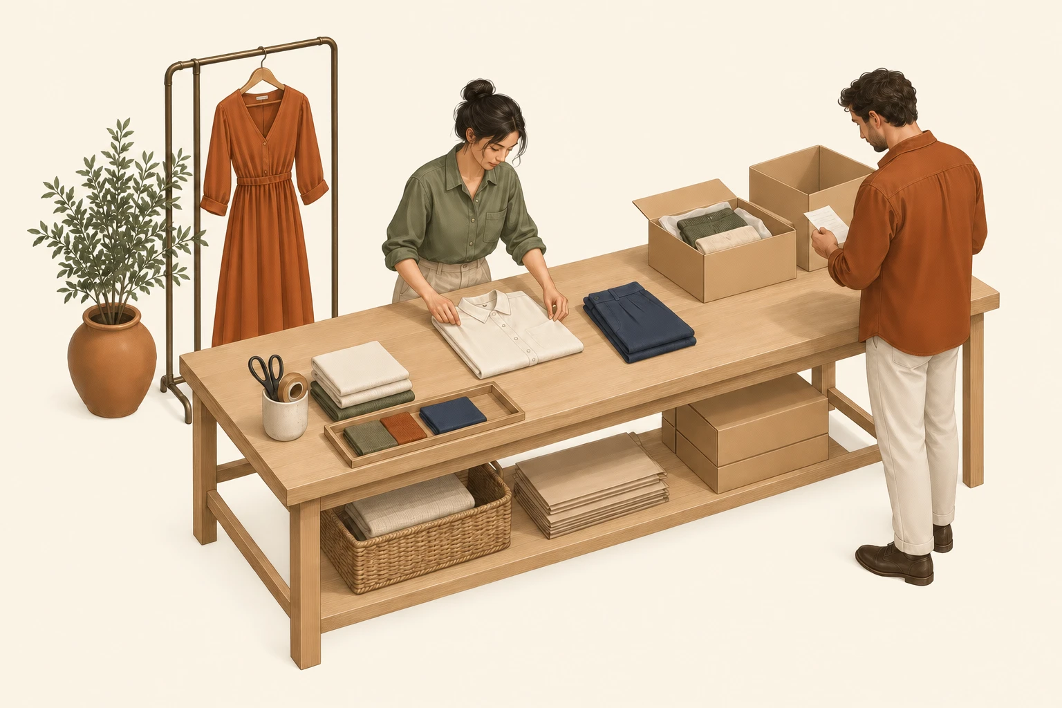 Illustration of adult garments being checked, folded and packed by a production team.