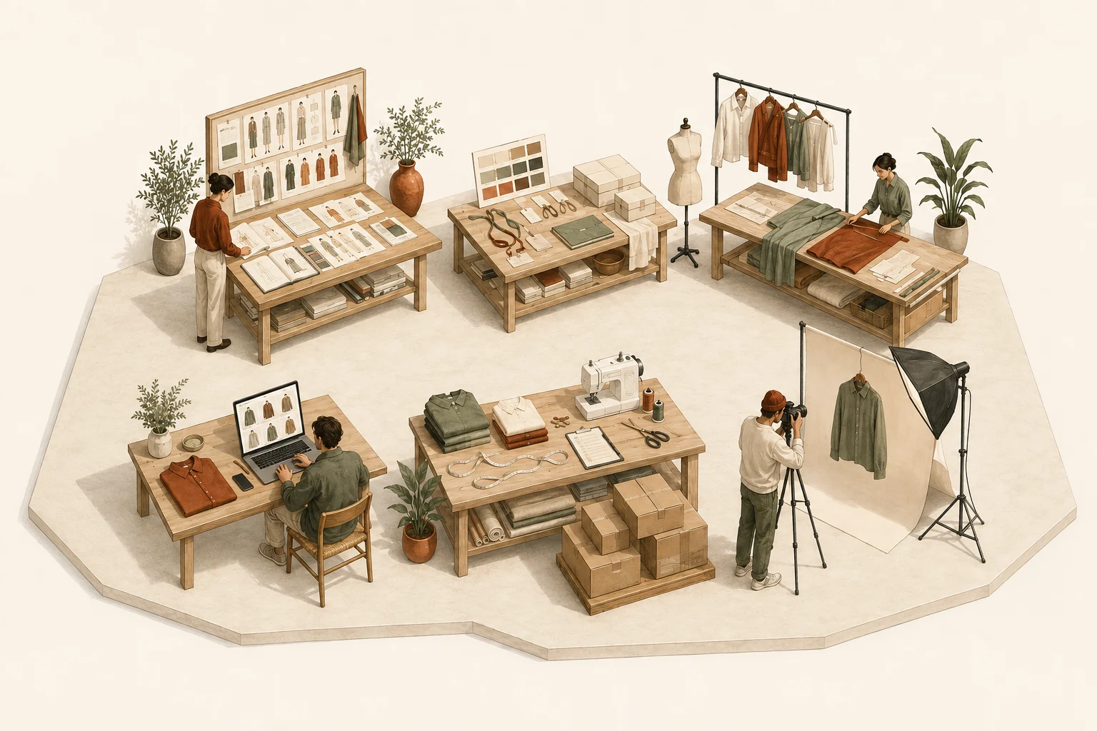 Illustrated clothing studio with planning and identity tables, a sampling rail, an online store desk, a production bench and a campaign shoot.