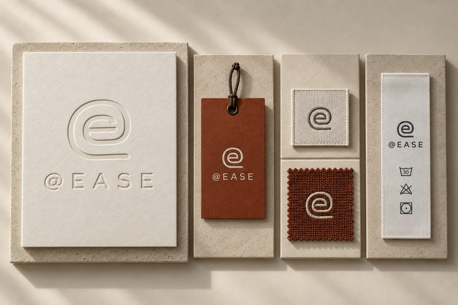 The At Ease identity arranged by application scale: embossed brand mark, swing tag, woven label, embroidered fabric and care label.