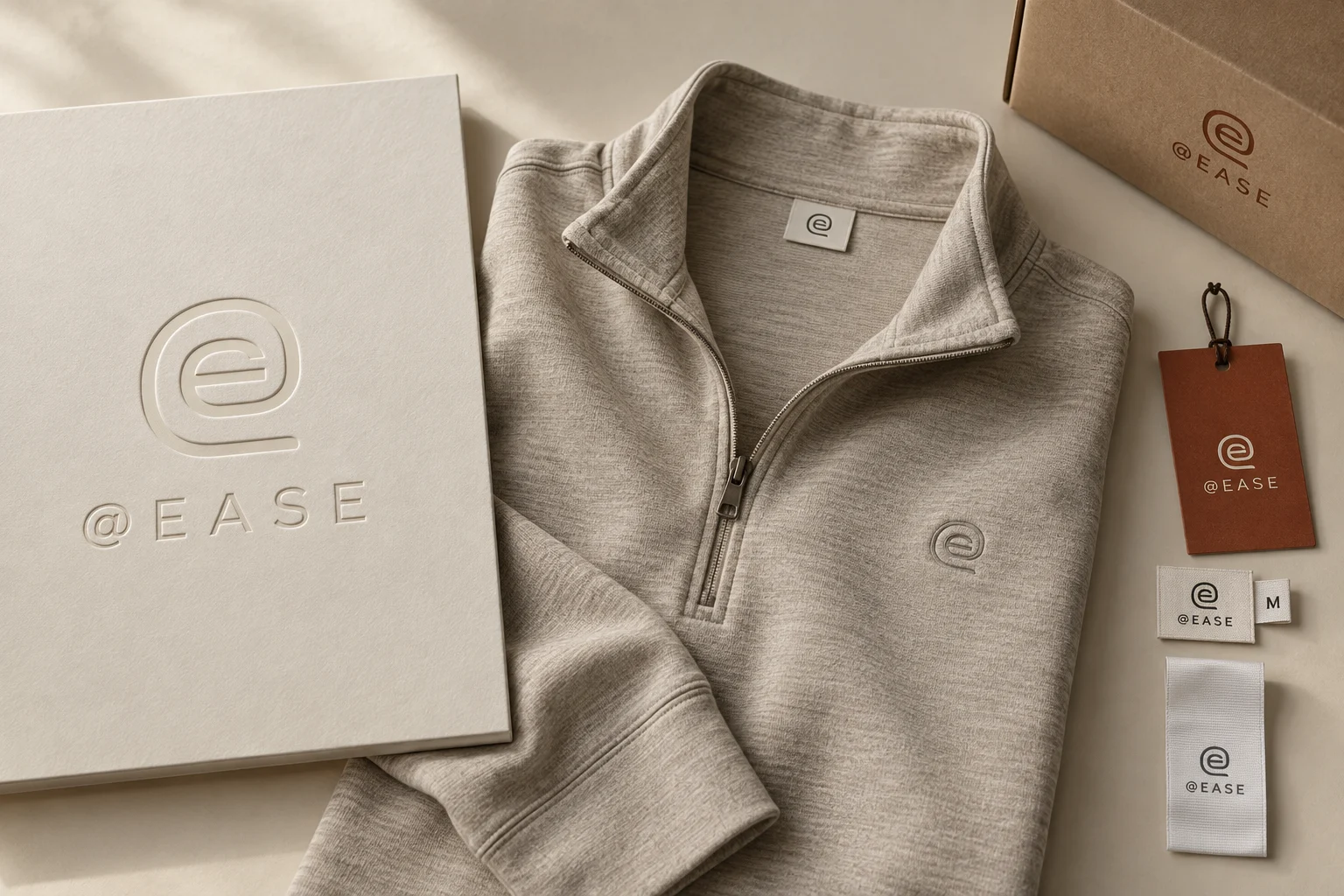 The fictional athleisure identity At Ease shown as an embossed brand board, quarter-zip garment, woven and care labels, swing tag and delivery carton.