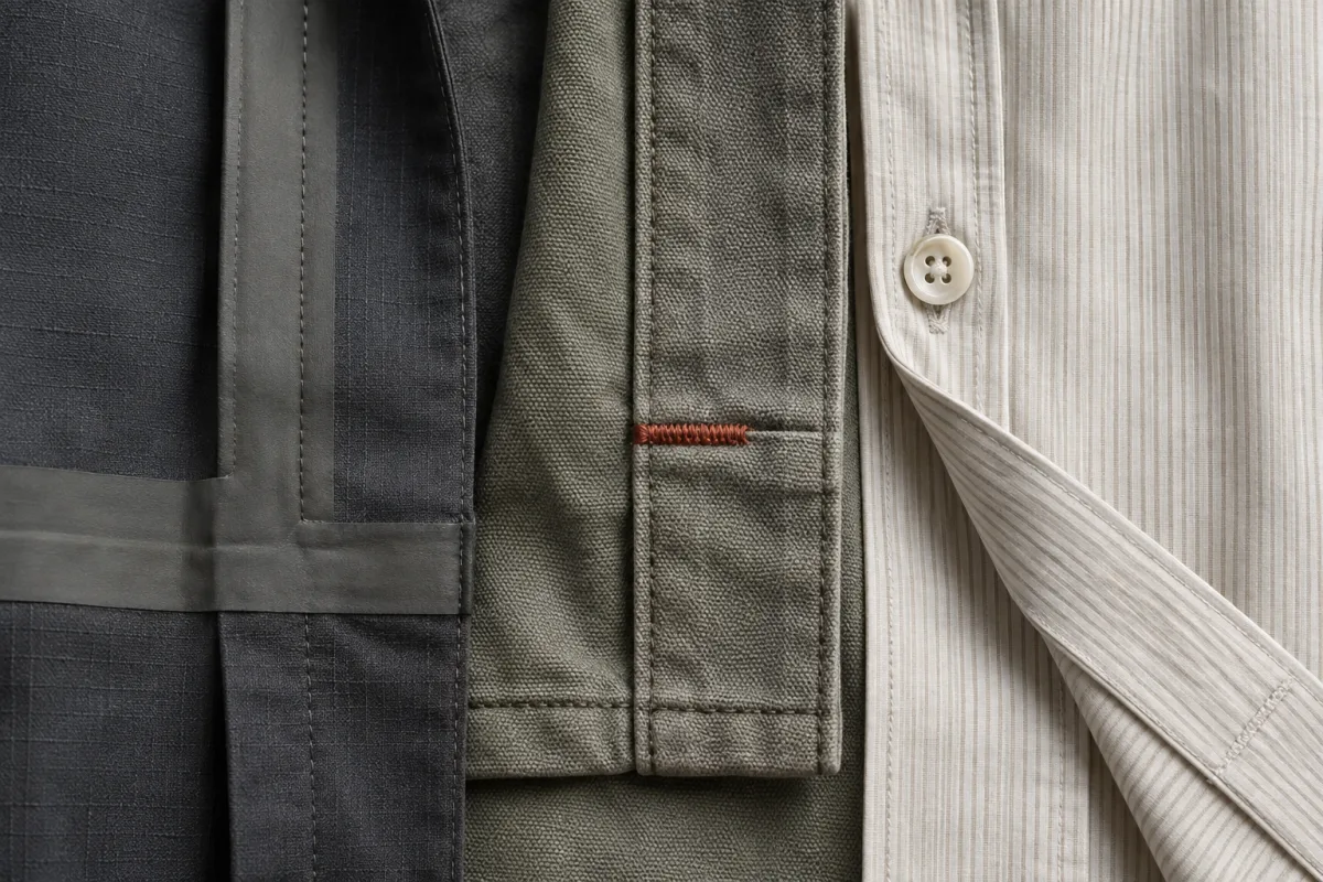 Three constructions side by side in macro: a welded and taped sportswear seam, a bar tack stitched in rust-red through workwear canvas, and a fine shirting placket with its buttons