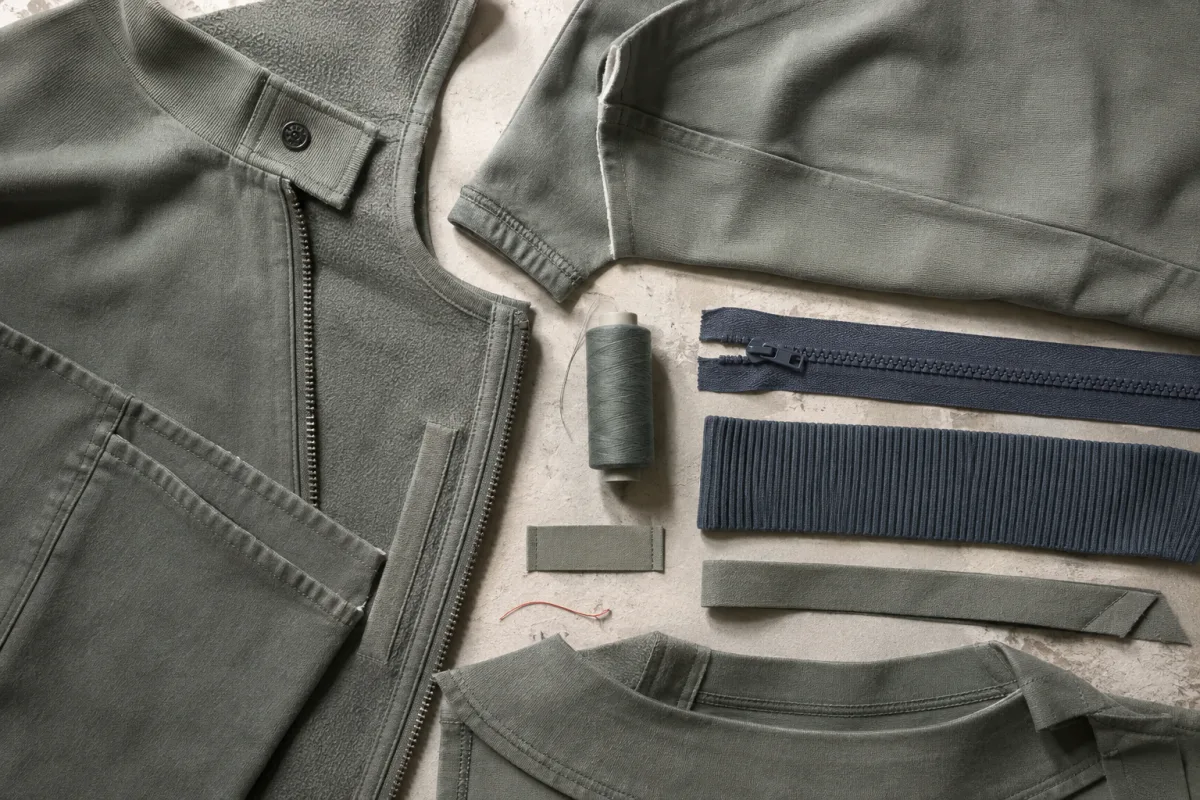 An olive garment part-disassembled with its thread spool, zip tape, rib, binding and woven label laid around it, the zip tape and the rib reading blue against the rest