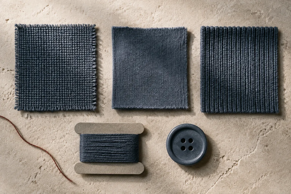 One indigo rendered on five substrates in a row, a coarse woven, a jersey, a rib, a wound thread card and a button, each landing a shade away from the one beside it