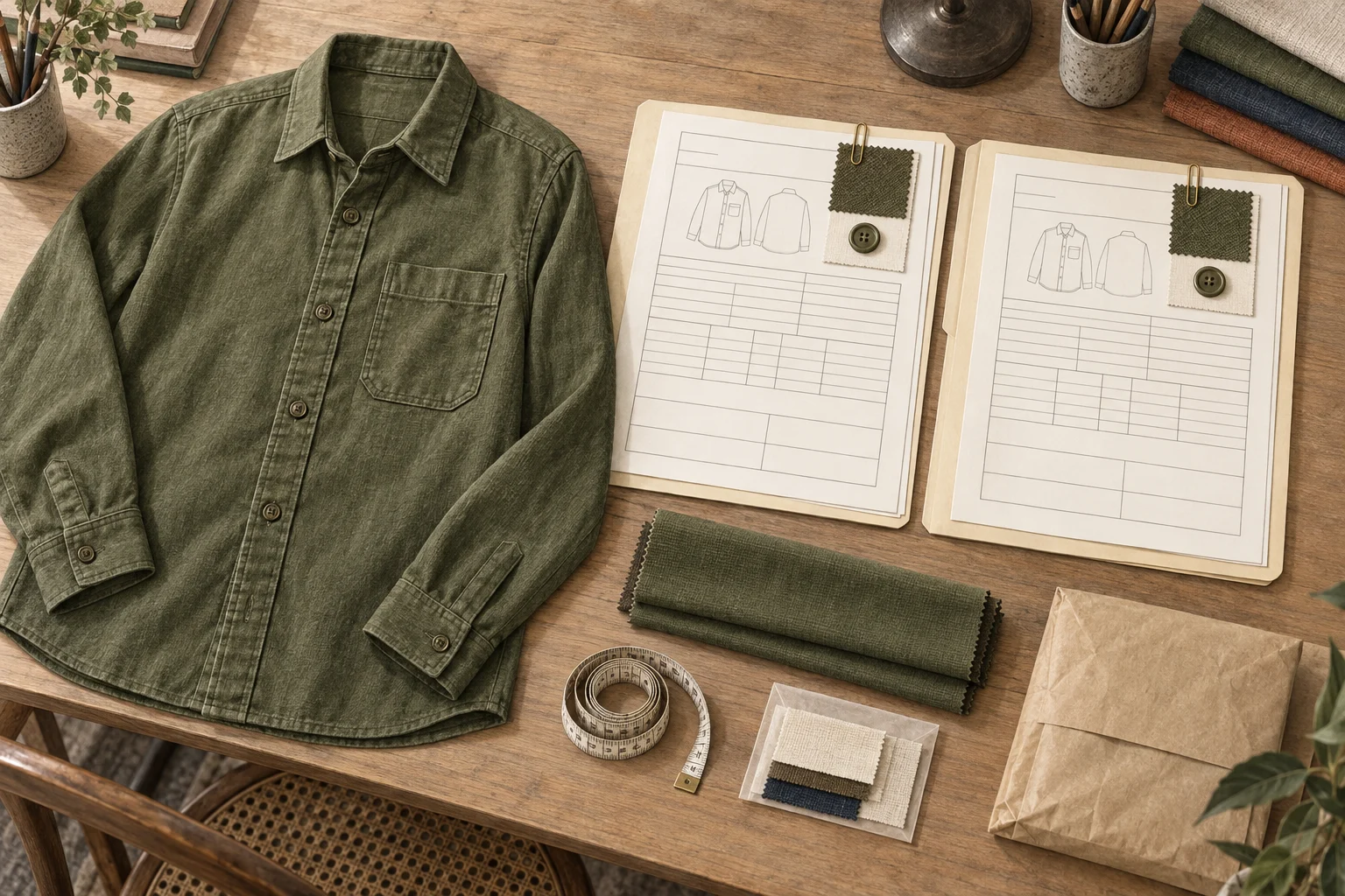 Illustration of two quotation folders referencing the same olive overshirt, matching fabric swatches and buttons.