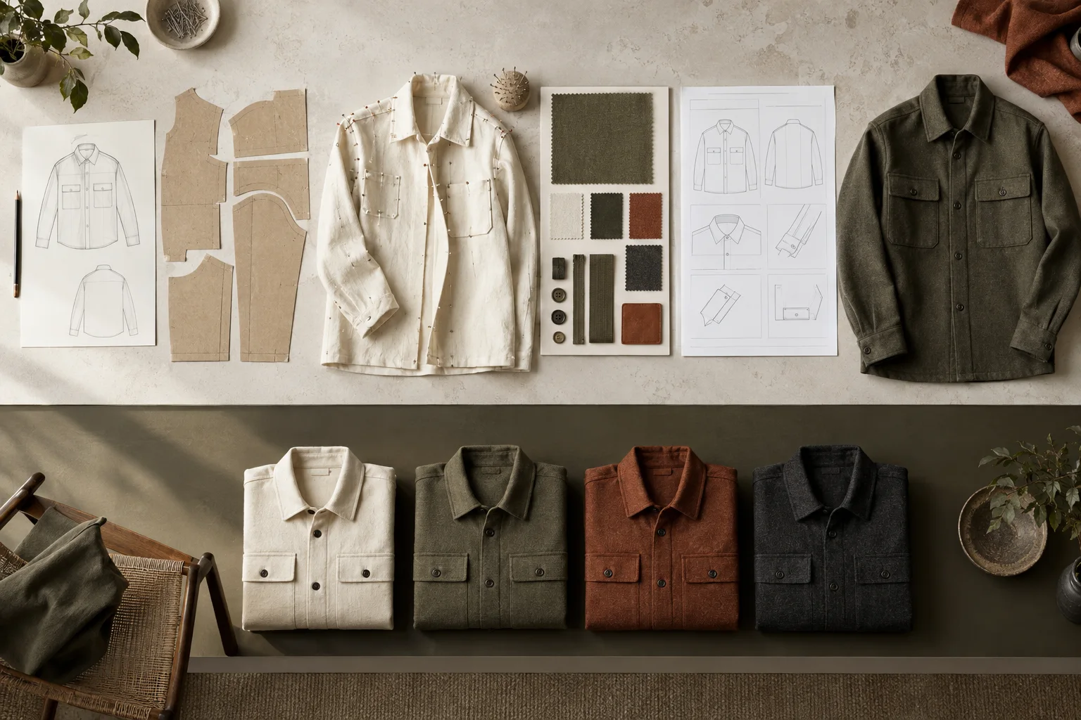 An overshirt moving from sketch through pattern, fit sample, materials and specification to an approved garment, above a separate stack of production units.