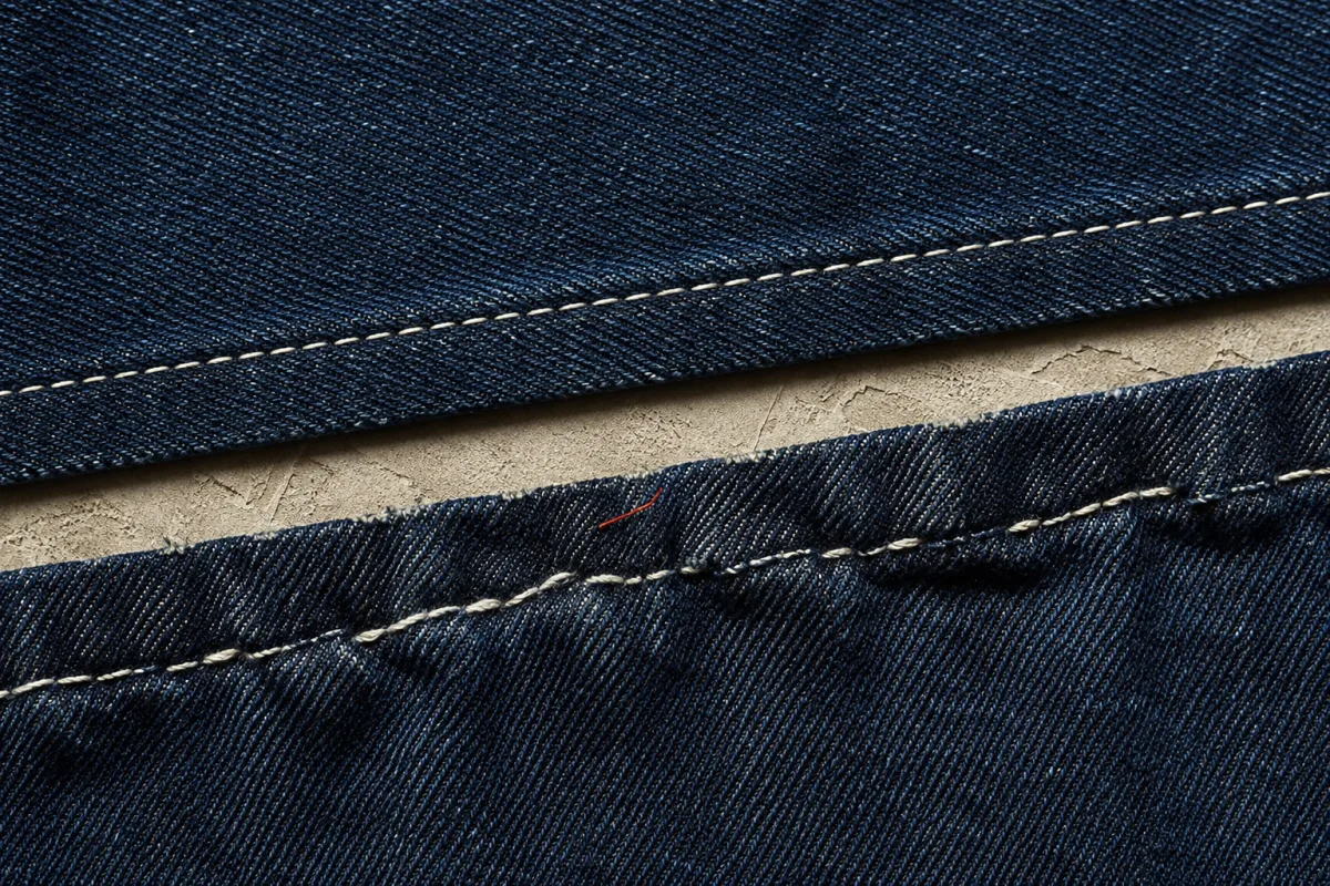 Two seams in the same heavy denim in macro, the upper one flat with even stitches, the lower one rucked into waves with stitches skipped over the bulk